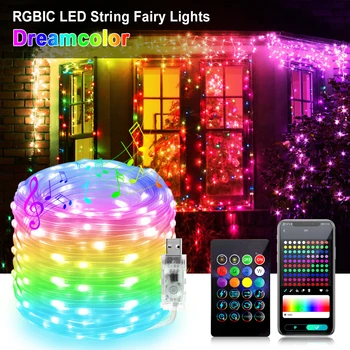 Smart LED Fairy String Lights USB 5V Dreamcolor Рождественские Огни WS2812B RGBIC Струнная Лампа Bluetooth Управление Открытый Водонепроницаемый