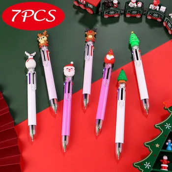 7шт Рождественская 6-цветная выдвижная шариковая ручка с мультяшным Санта-Клаусом и Лосем, разноцветные ручки, Офисные школьные канцелярские принадлежности, подарки