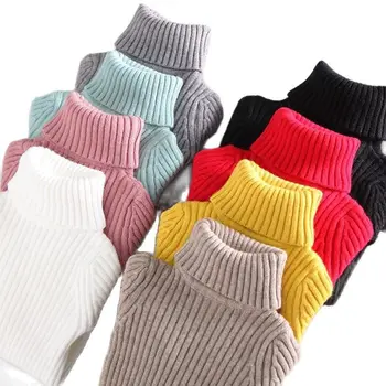 Детские зимние свитера для мальчиков и девочек, толстые теплые вязаные топы с высоким воротом, одежда для малышей в рубчик