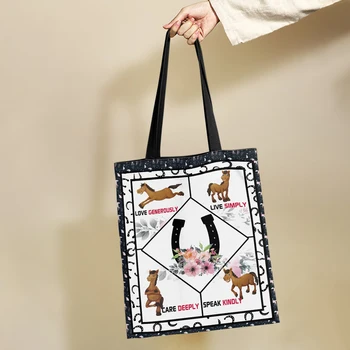 Yikeluo Забавная мультяшная лошадка с цветочным принтом, женская холщовая сумка-тоут, продуктовая сумка с принтом подковы, сумка для подростков с животными, подарок на плечо для пригородных поездок