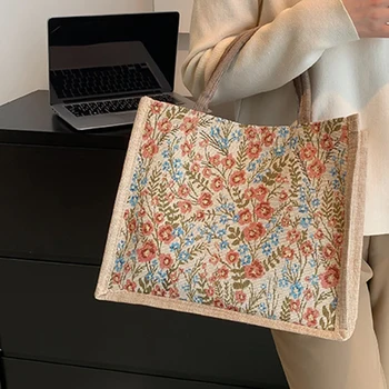 Винтажная хлопчатобумажная льняная сумка-тоут, 1 шт., многоразовая сумка для переноски, Большая вместительная женская модная сумка с цветочным узором и вышивкой