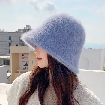 Осенне-зимняя новая женская японская теплая шляпа-ведро из кроличьей шерсти, мода для путешествий на открытом воздухе, Однотонная шляпа с круглым верхом, прилив
