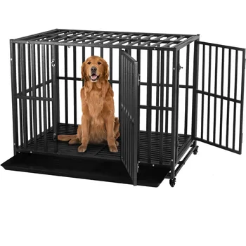 Сверхмощный ящик для собак - 38-дюймовая Большая Металлическая клетка для собак с 2 Дверцами и 4 колесами, Штабелируемая конура для крупных и средних собак
