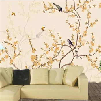 Пользовательские 3D обои beibehang papier peint для гостиной, расписанные вручную европейскими цветами и птицами, обои для телевизора с цветочной лозой