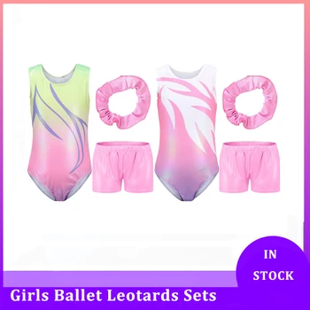 Комплекты гимнастического трико для девочек, балетное боди без рукавов с шортами, лента для волос, наряды для выступлений на сцене, танцевальные костюмы