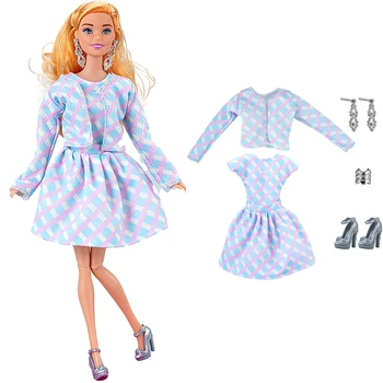 NK 5 предметов/комплект, милый кукольный набор для пикника: клетчатая куртка + платье + благородные серьги + браслет + высокие каблуки для куклы Барби 1/6 Аксессуары