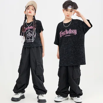 Детская модная футболка с буквенным принтом в стиле хип-хоп, топ оверсайз, повседневные брюки-карго на завязках для девочки и мальчика, костюм для джазовых танцев, одежда