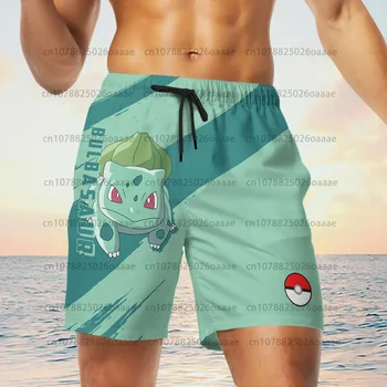 Мужские пляжные шорты с 3D-принтом Pokemon Bulbasaur 2024, летние мультяшные повседневные Свободные дышащие мужские шорты для бега и плавания