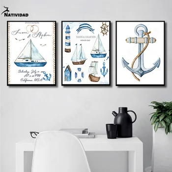 Морская карта Картина на холсте Картина с маяком Картина на флоте Якорь компас Плакат Средиземноморский для домашнего декора
