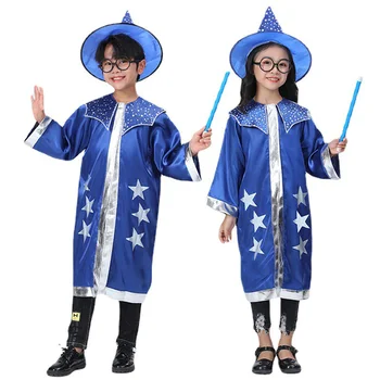 Детский костюм Ведьмы на Хэллоуин, Плащ Волшебницы для девочек со шляпой, Новогоднее Нарядное представление для вечеринки на сцене