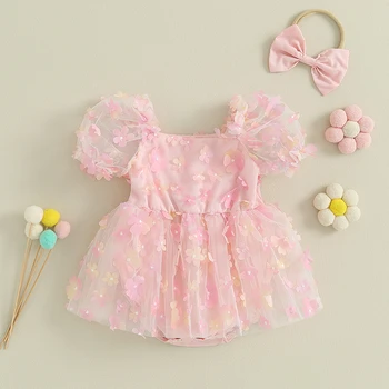 Летняя одежда для маленьких девочек, комбинезон с пышными рукавами и 3D цветами, тюлевое платье с повязкой на голову, Комплект одежды из 2 предметов