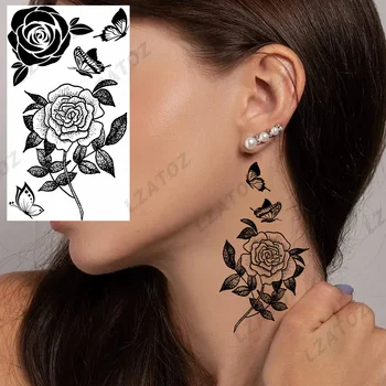 Сексуальные временные татуировки в виде цветов Черной розы для женщин, взрослых, реалистичная бабочка, поддельная татуировка, наклейка с переносом воды, татуировки для боди-арта.