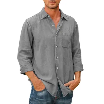 Мужская однотонная хлопчатобумажная рубашка с длинным рукавом с карманом, рубашка серая