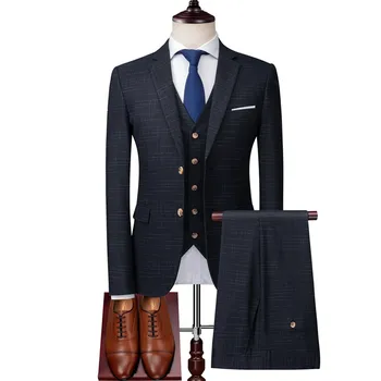 Блейзер, брюки, жилет, комплект из 3 предметов / Мужская мода, Банкетный Деловой Британский стиль, Приталенные Клетчатые блейзеры высокого класса на заказ, брюки