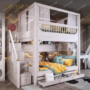 Роскошную многофункциональную детскую двухъярусную кровать с защитным ограждением Для мебели для спальни возрастом от 5 до 8 лет, Большую мебель для хранения кроватей