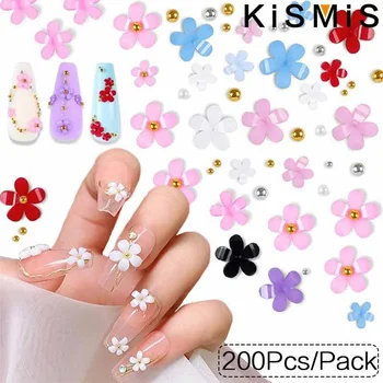 KISMIS 200 шт./Упак. 3D Акриловые Красочные Цветы с Золотыми и Серебряными Бусинками Горный Хрусталь Дизайн Ногтей