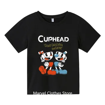 Летние футболки 2024 года, детская футболка с принтом Cuphead Mugman, модная повседневная детская одежда с мультфильмами для мальчиков и девочек