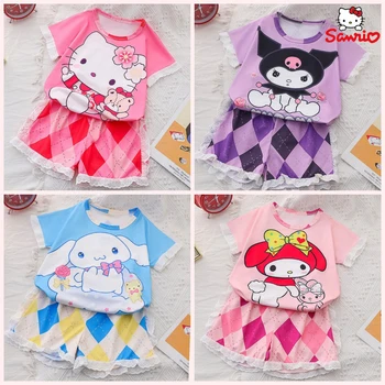 Пижамный комплект Sanrio Hello Kitty Kawaii Kuromi Cinnamoroll My Melody Детская пижама Аниме Домашняя одежда с коротким рукавом Подарок для девочек