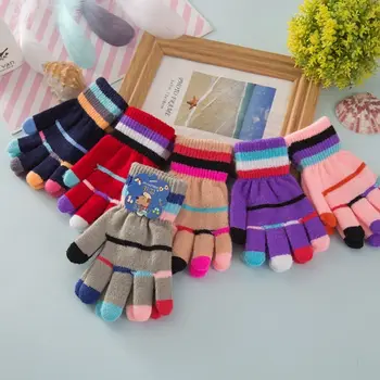 Модные детские перчатки в полоску, осень-зима, детский сад, грелка для рук, детские варежки на весь палец, толстые вязаные перчатки для мальчиков и девочек