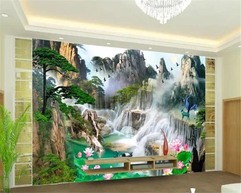 Пользовательские 3D обои Beibehang 3D Водопад Лесной пейзаж Лотос Олень Художественная роспись Жизнь Спальня Детская комната Фотообои 3d