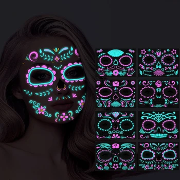 Хэллоуин, Флуоресцентная наклейка на кожу, временные татуировки на лице, Неоновая наклейка с изображением скелета смерти, фестиваль призраков, вечеринка