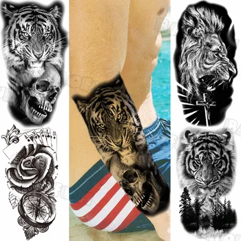 Временные татуировки с черным черепом Тигра для женщин, взрослый Лев, Покер, леса, реалистичные поддельные татуировки, боди-арт, татуировки с коротким рукавом